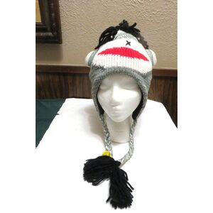 NWT GREY SOCK MONKEY HAT Knit ADULT classic black lining costume